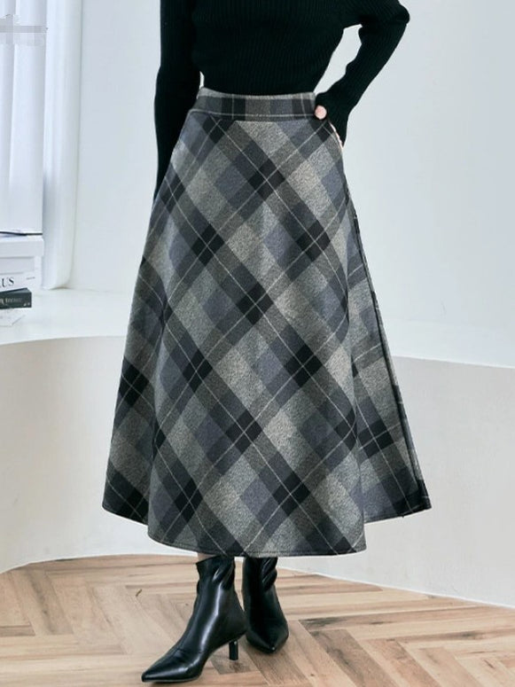 チェック柄 フレアスカート レディース ロング丈 ハイウエスト Aライン ウール調 暖かい 通勤 オフィスカジュアル 上品 体型カバー 秋冬 新作 ID2122
