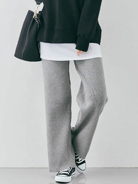 4色展開 美脚効果 ニットパンツ レディース ワイドパンツ ハイウエスト リブ編み 体型カバー シンプル カジュアル 楽ちん ゆったり おしゃれ 秋冬 ボトムス ID1771