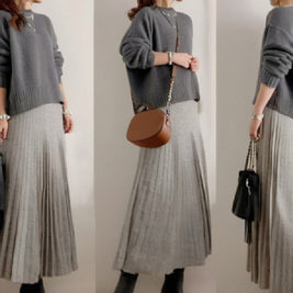 【着回し力抜群】【2点SET】見逃し厳禁 無地 ニット+ロング ギャザー スカート ワンピースセット ID1677