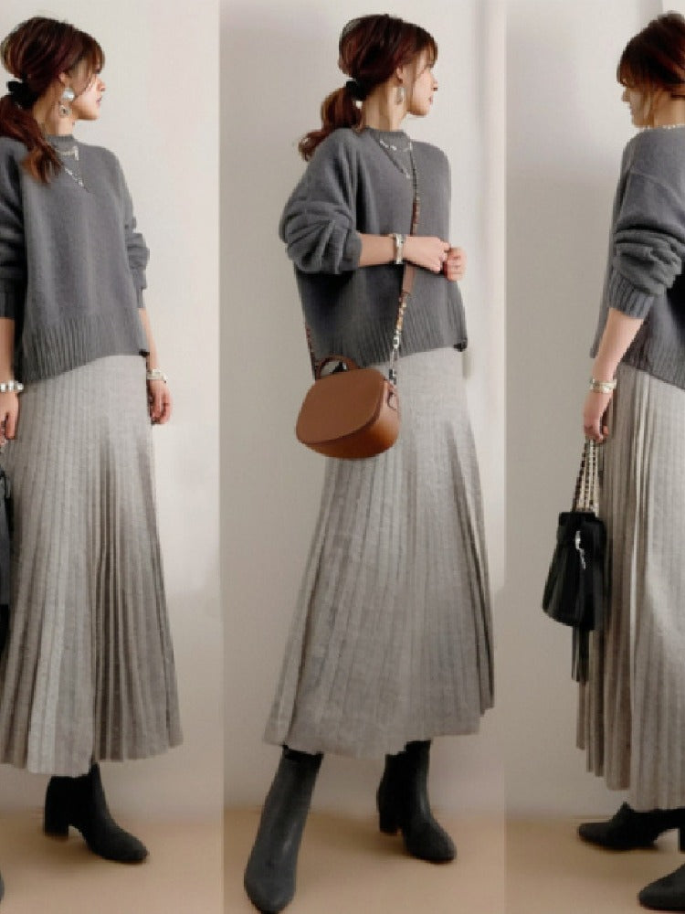 【着回し力抜群】【2点SET】見逃し厳禁 無地 ニット+ロング ギャザー スカート ワンピースセット ID1677