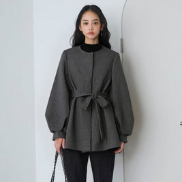 中綿コート ウールコート レディース ベルト付き 丸首 長袖 フレアシルエット 通勤 オフィス 上品 きれいめ 体型カバー 秋冬 新作 ID2078