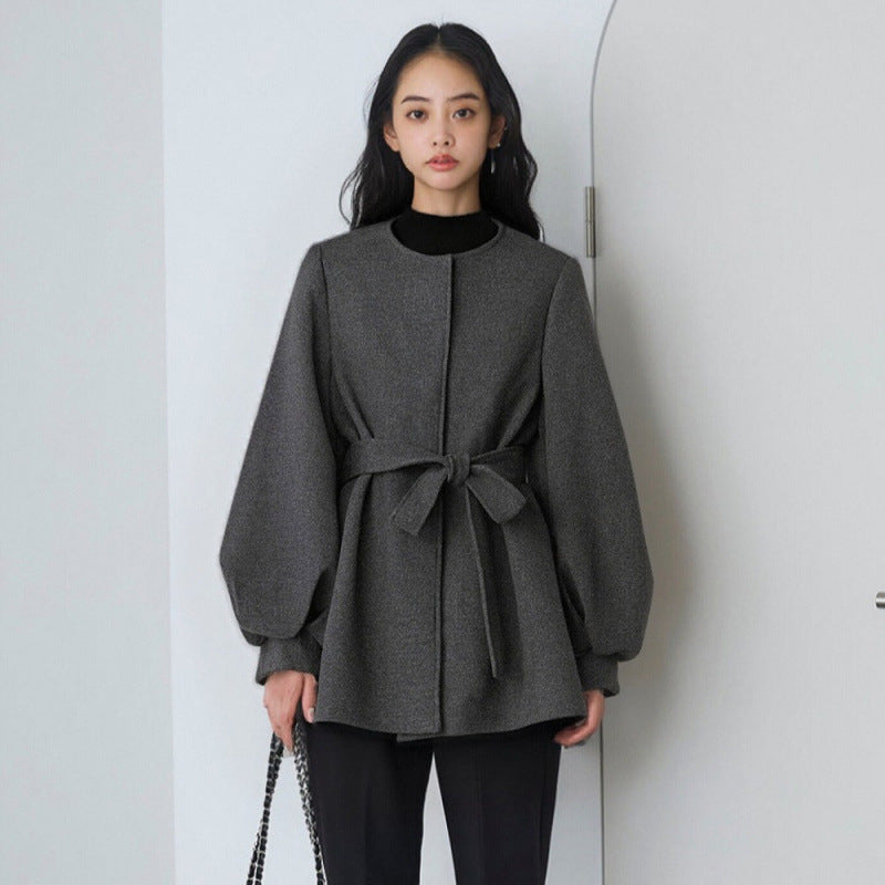 中綿コート ウールコート レディース ベルト付き 丸首 長袖 フレアシルエット 通勤 オフィス 上品 きれいめ 体型カバー 秋冬 新作 ID2078