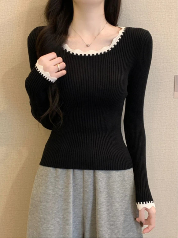 リブニット トップス レディース 長袖 レース風トリム 伸縮性 インナー シンプル 体型フィット 秋冬 重ね着 コーデしやすい きれいめ 大人カジュアル デイリー 通勤 通学 防寒インナー ID2223