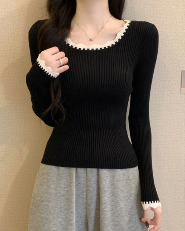 リブニット トップス レディース 長袖 レース風トリム 伸縮性 インナー シンプル 体型フィット 秋冬 重ね着 コーデしやすい きれいめ 大人カジュアル デイリー 通勤 通学 防寒インナー ID2223