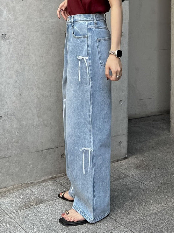 「 新 感 覚 」リボン ウエスト ボタン デニムパンツ レディース ゆったり ハイウエスト ボトムス デニム ワイドパンツ レディース 春 夏 秋 ストレッチ パンツ ID1142
