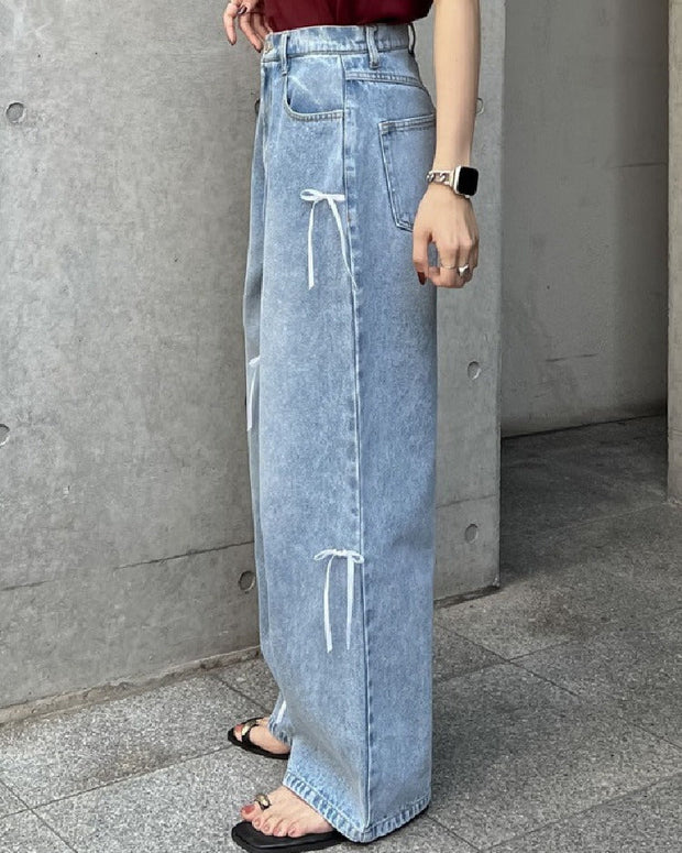 「 新 感 覚 」リボン ウエスト ボタン デニムパンツ レディース ゆったり ハイウエスト ボトムス デニム ワイドパンツ レディース 春 夏 秋 ストレッチ パンツ ID1142