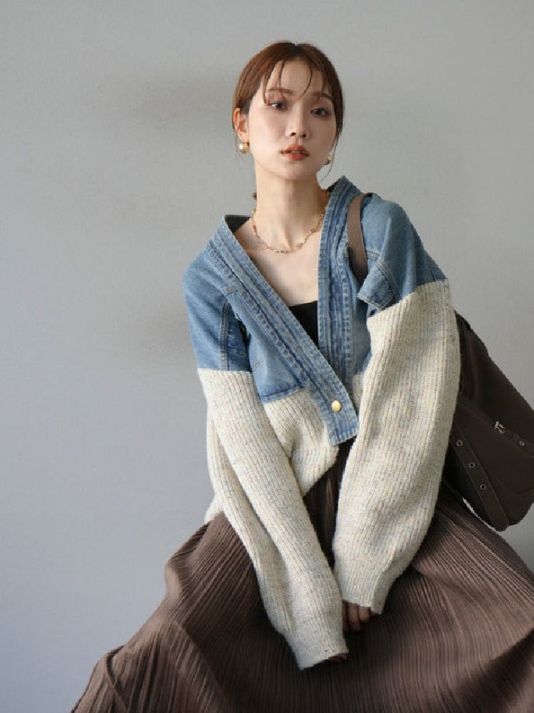 異素材切り替え デニム × ニット カーディガン レディース Vネック ゆったり おしゃれ 大人カジュアル 秋冬 新作 ID2037