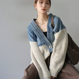 異素材切り替え デニム × ニット カーディガン レディース Vネック ゆったり おしゃれ 大人カジュアル 秋冬 新作 ID2037