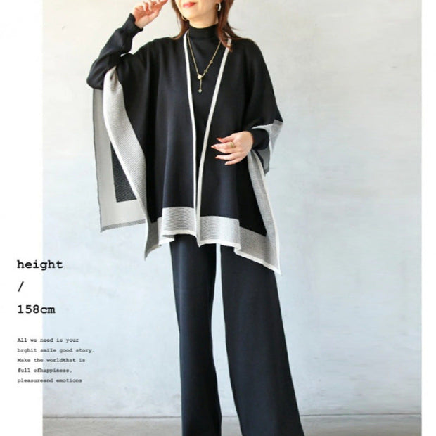 3点セット レディース ニットセットアップ ケープ風カーディガン + 長袖トップス + ワイドパンツ 上下セット 無地 ゆったり シンプル 体型カバー おしゃれ きれいめ 大人カジュアル 通勤 通学 秋冬コーデ 韓国風 ファッション ID1665