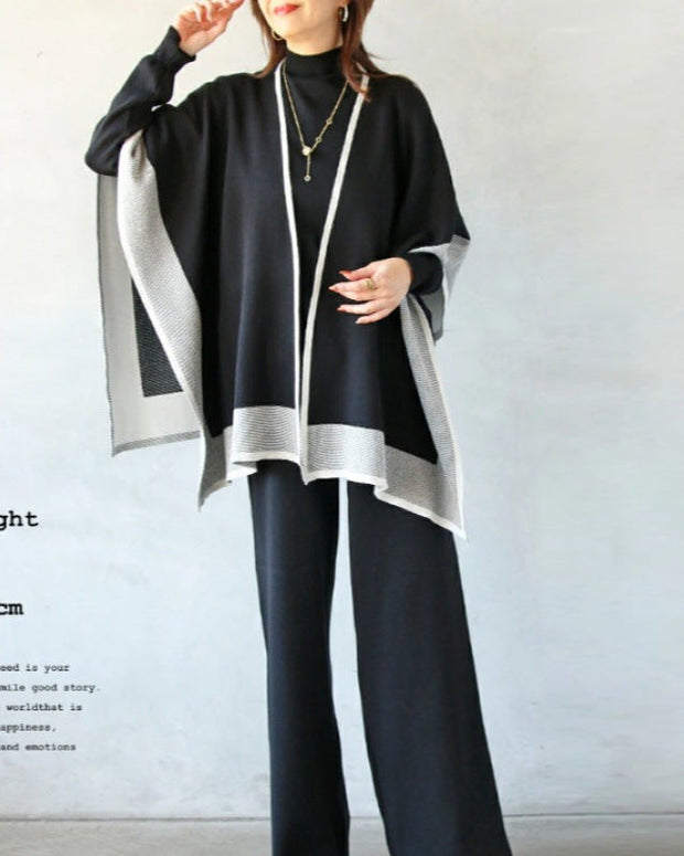 3点セット レディース ニットセットアップ ケープ風カーディガン + 長袖トップス + ワイドパンツ 上下セット 無地 ゆったり シンプル 体型カバー おしゃれ きれいめ 大人カジュアル 通勤 通学 秋冬コーデ 韓国風 ファッション ID1665