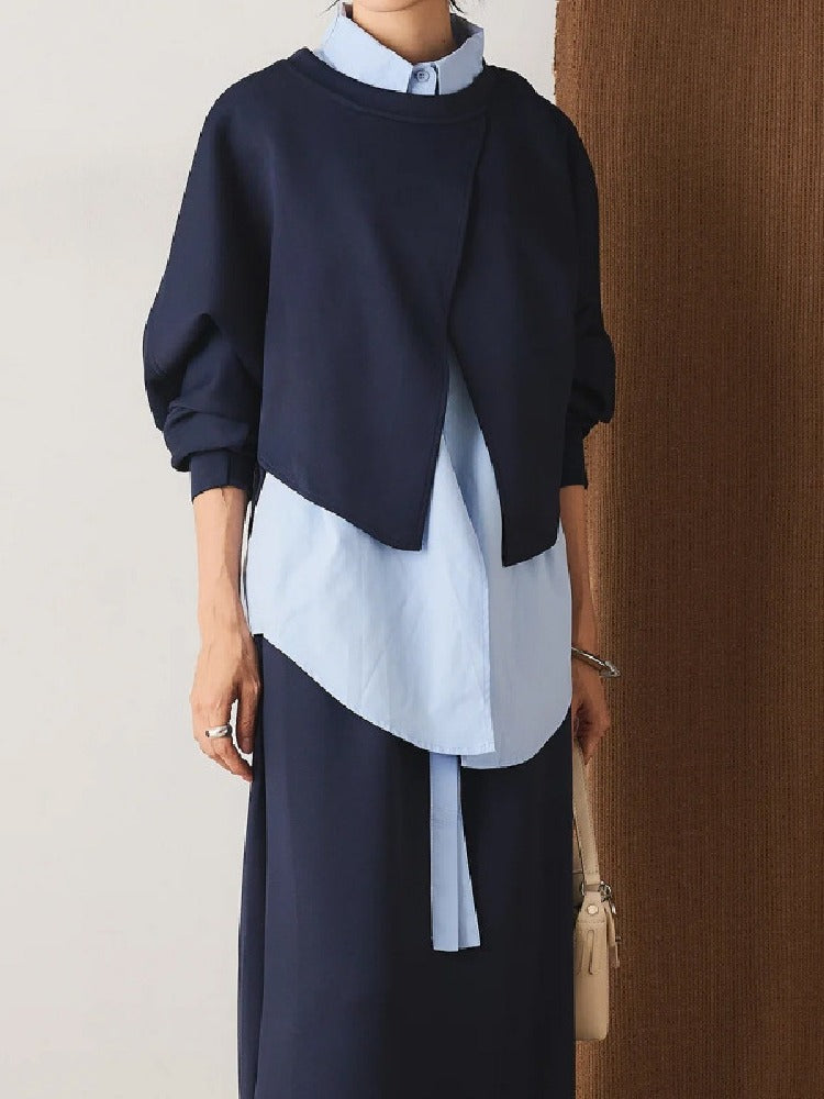 【3点セット】デザイン感 リボンシャツ レイヤード スウェット スカート 3色展開 セットアップ 春 秋 ID1792