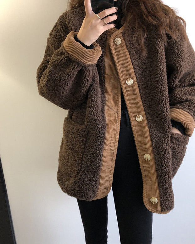 「年末前の大感謝祭」ボアジャケット レディース コーデュロイ切り替え ゆったり ショート丈 アウター 暖かい カジュアル 可愛い 秋冬 新作 ID2096