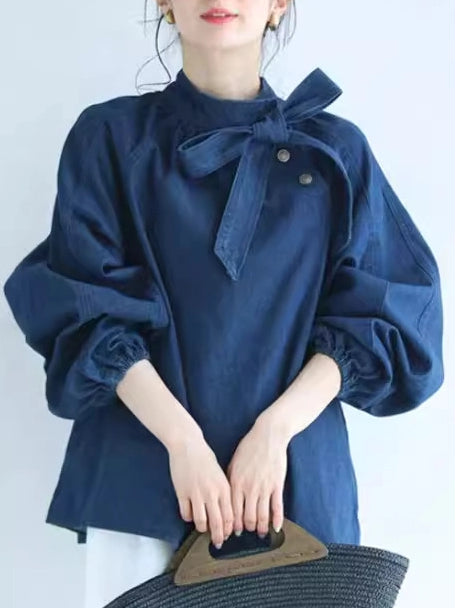 リボン デニムシャツ レディース 抜き襟 デニム トップス ブルゾン 体型カバー 大きいサイズ 長袖  カジュアル シャツ おしゃれ 春 秋 可愛い ID1794