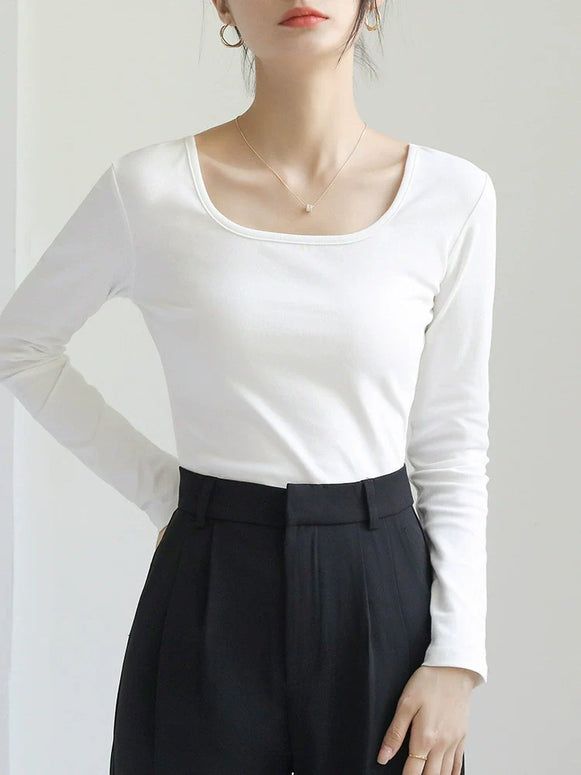 スクエアネック カットソー レディース 長袖 綿100％ 無地 シンプル インナー Tシャツ 秋冬 きれいめ オフィスカジュアル 通勤 スーツインナー 面接 入学式 卒業式 入園式 卒園式 フォーマル 体型カバー 大人女子 ベーシック 定番 白トップス ID1621