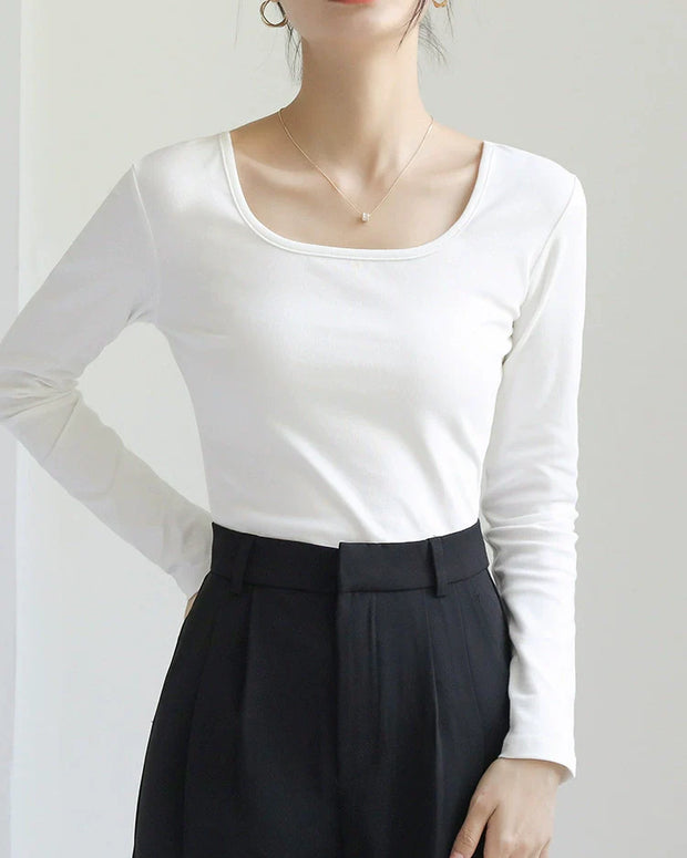 スクエアネック カットソー レディース 長袖 綿100％ 無地 シンプル インナー Tシャツ 秋冬 きれいめ オフィスカジュアル 通勤 スーツインナー 面接 入学式 卒業式 入園式 卒園式 フォーマル 体型カバー 大人女子 ベーシック 定番 白トップス ID1621