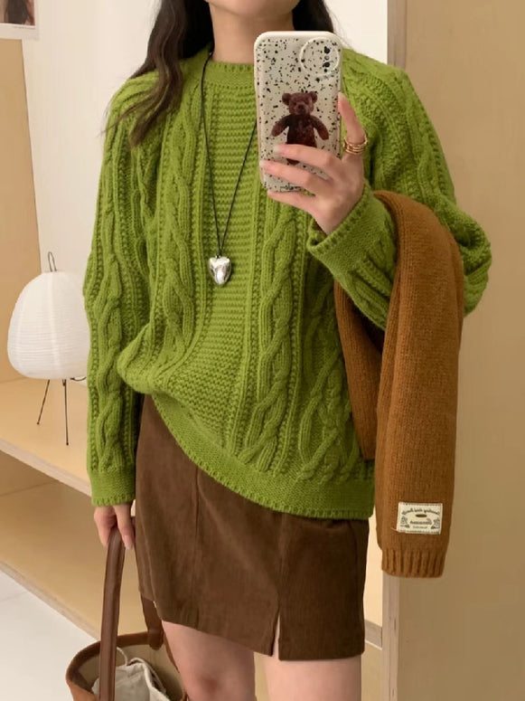 ケーブル編み ニットセーター レディース ゆったり 無地 クルーネック 長袖 暖かい トレンド カジュアル 体型カバー 秋冬 新作 ID2163