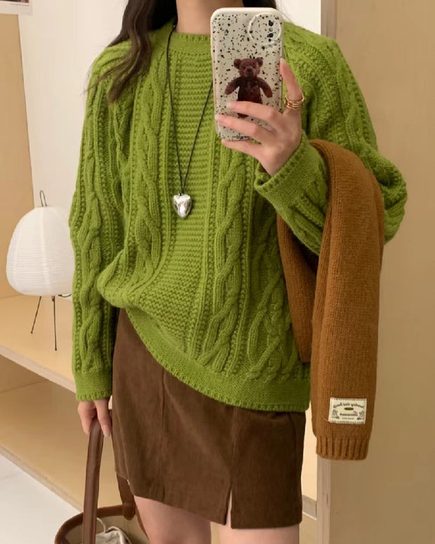 ケーブル編み ニットセーター レディース ゆったり 無地 クルーネック 長袖 暖かい トレンド カジュアル 体型カバー 秋冬 新作 ID2163