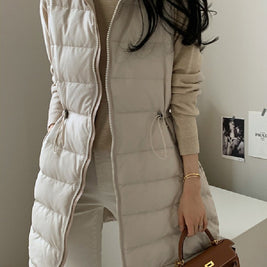 「年に一度の大放出」ロング ダウンベスト レディース 中綿ベスト ウエスト絞り デザイン 軽量 暖かい おしゃれ 通勤 カジュアル 秋冬 新作 ID2091