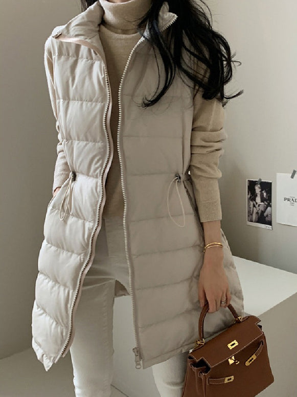 「年に一度の大放出」ロング ダウンベスト レディース 中綿ベスト ウエスト絞り デザイン 軽量 暖かい おしゃれ 通勤 カジュアル 秋冬 新作 ID2091