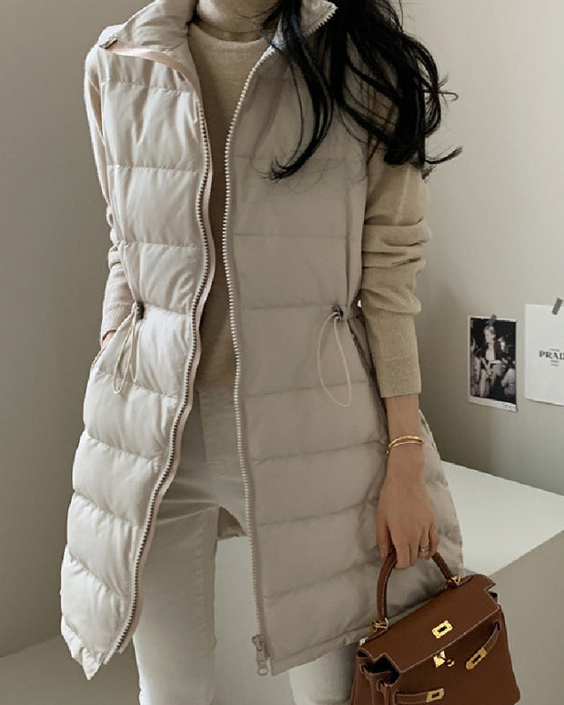 「年に一度の大放出」ロング ダウンベスト レディース 中綿ベスト ウエスト絞り デザイン 軽量 暖かい おしゃれ 通勤 カジュアル 秋冬 新作 ID2091