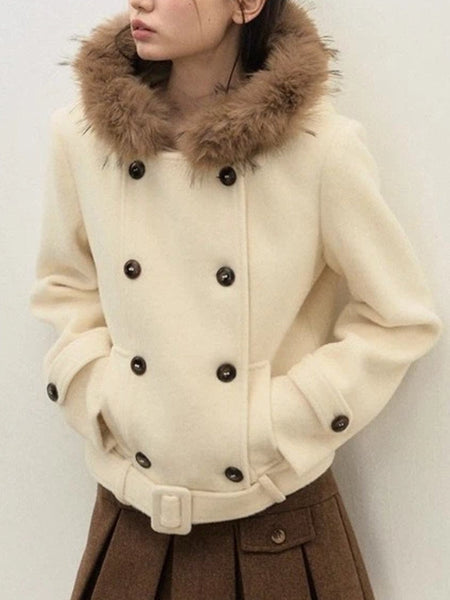 ファー襟 ショートコート レディース ダブルボタン ベルト付き フード付き ウールタッチ アウター 上品 可愛い 秋冬 新作 ID2050