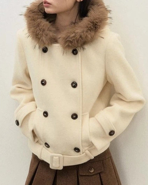 ファー襟 ショートコート レディース ダブルボタン ベルト付き フード付き ウールタッチ アウター 上品 可愛い 秋冬 新作 ID2050