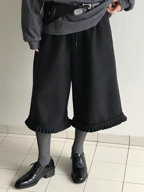 七分丈 ワイドパンツ レディース フリルヘム 体型カバー カジュアル 重ね着風 秋冬 ボトムス ID2181