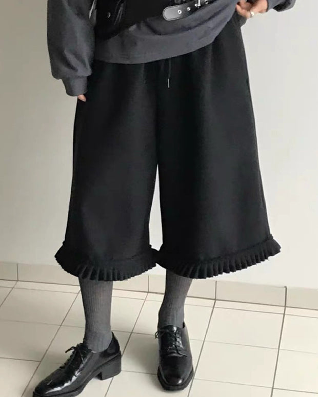 七分丈 ワイドパンツ レディース フリルヘム 体型カバー カジュアル 重ね着風 秋冬 ボトムス ID2181