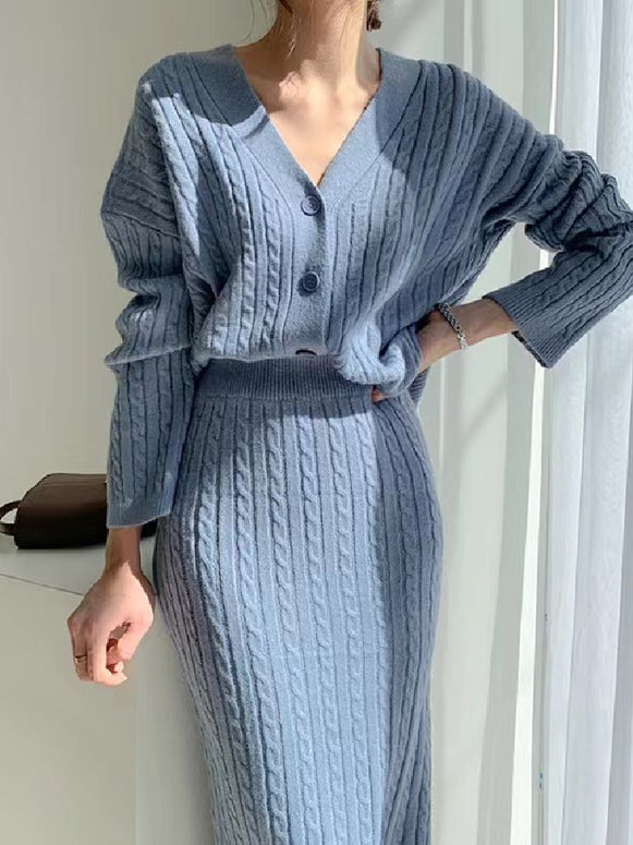 Vネック ニット カーディガン レディース セットアップ ケーブル編み タイトスカート 2点セット フェミニン エレガント 体型カバー 通勤 デート 秋冬新作 ID1722