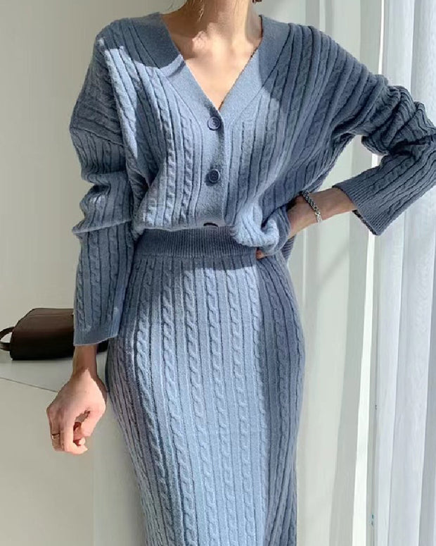 Vネック ニット カーディガン レディース セットアップ ケーブル編み タイトスカート 2点セット フェミニン エレガント 体型カバー 通勤 デート 秋冬新作 ID1722