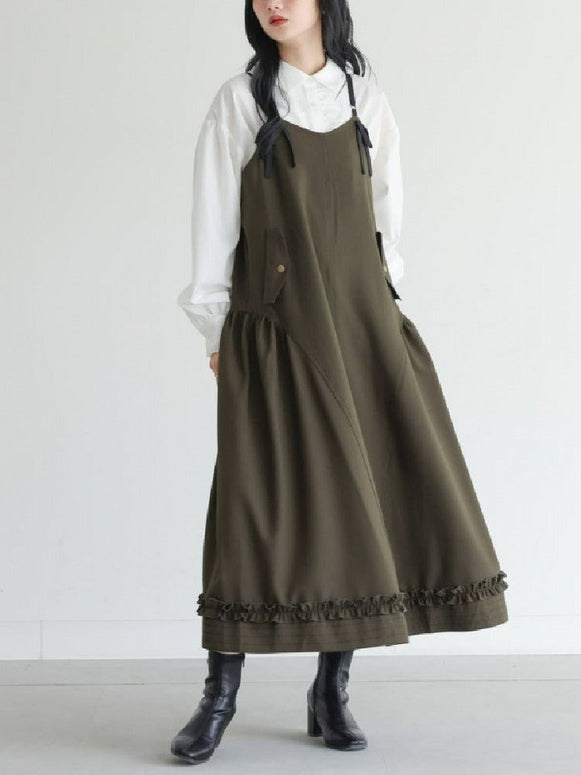 リボンキャミワンピース レディース ロング丈 ゆったり Aライン レイヤード風 体型カバー 大人可愛い フリル裾 無地 春秋コーデ 通勤 通学 デート服 ID1842