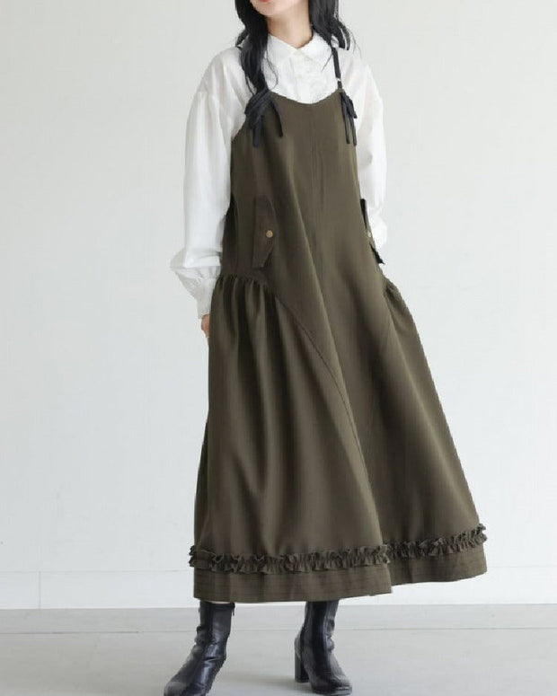 リボンキャミワンピース レディース ロング丈 ゆったり Aライン レイヤード風 体型カバー 大人可愛い フリル裾 無地 春秋コーデ 通勤 通学 デート服 ID1842