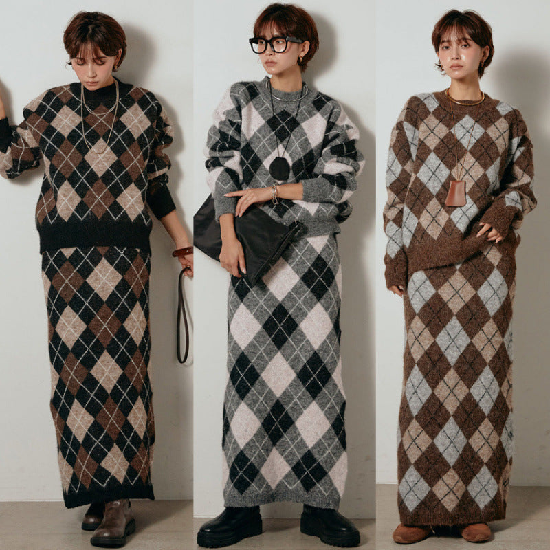 アーガイル柄 ニットセットアップ レディース 長袖 プルオーバー ニットトップス＋ロングスカート 2点セット 体型カバー 大人カジュアル 上品 きれいめ 秋冬 新作 ID2011