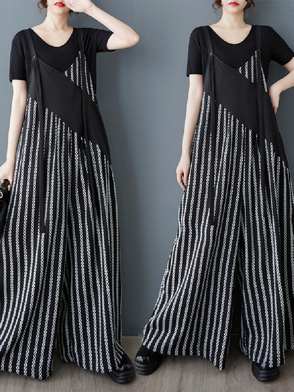 大きいサイズ サロペット 異素材切替 レディース ワイドパンツ ゆったり ストライプ柄 おしゃれ 高見え 体型カバー カジュアル 着回しコーデ 春夏秋 ID1205