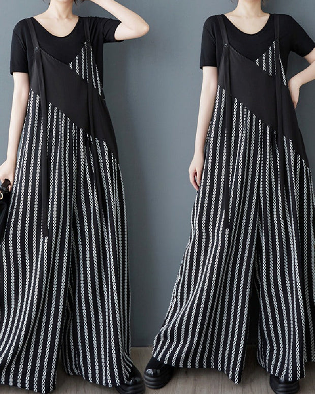 大きいサイズ サロペット 異素材切替 レディース ワイドパンツ ゆったり ストライプ柄 おしゃれ 高見え 体型カバー カジュアル 着回しコーデ 春夏秋 ID1205