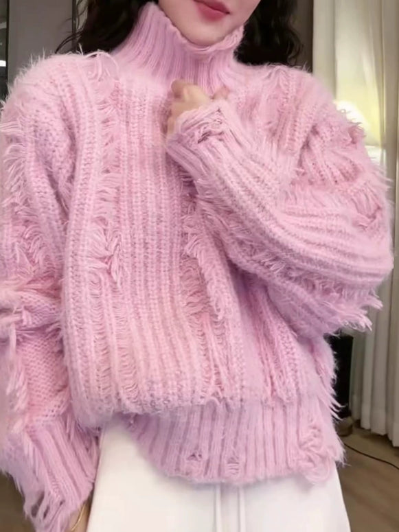 タートルネック フリンジ ニット セーター レディース ゆったり ふわふわ 暖かい 可愛い 秋冬 トップス ID2280
