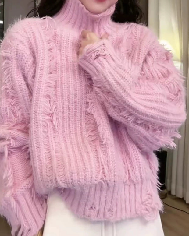タートルネック フリンジ ニット セーター レディース ゆったり ふわふわ 暖かい 可愛い 秋冬 トップス ID2280