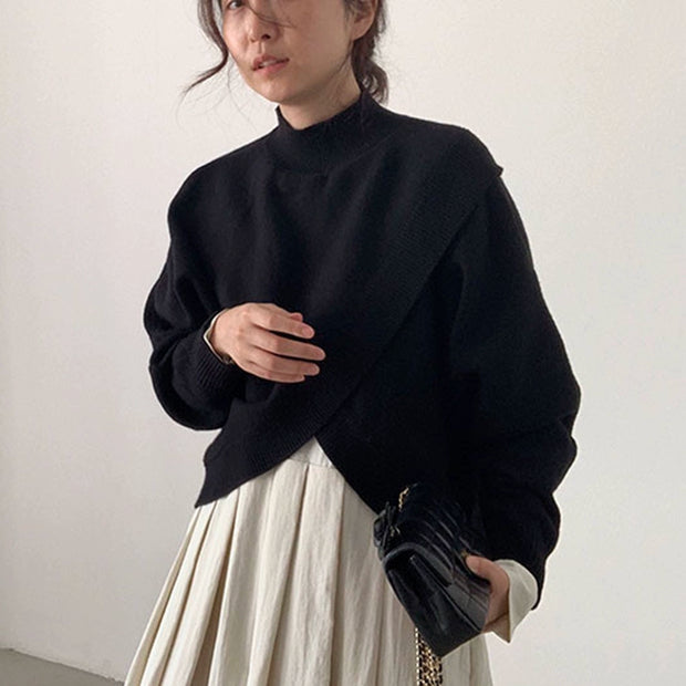 重ね着風 デザインニット プルオーバー ハイネック ゆったり シンプル カジュアル おしゃれ 秋冬 トップス レディース ID2269