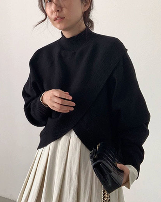 重ね着風 デザインニット プルオーバー ハイネック ゆったり シンプル カジュアル おしゃれ 秋冬 トップス レディース ID2269