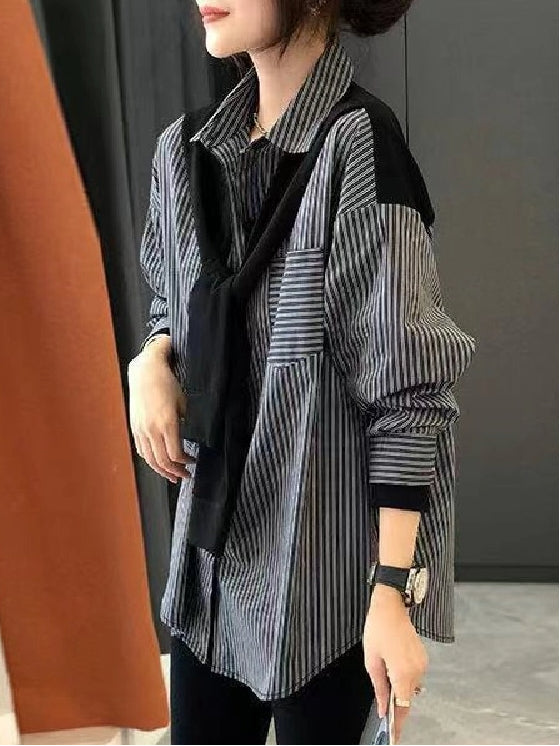 切り替え デザイン感 レディース ブラウス 春コーデ 長袖 新作 ゆったり オフィス きれいめ 春 トップス ストライプ カジュアル 大人 可愛い おしゃれ 50代 40代 30代 ID1480