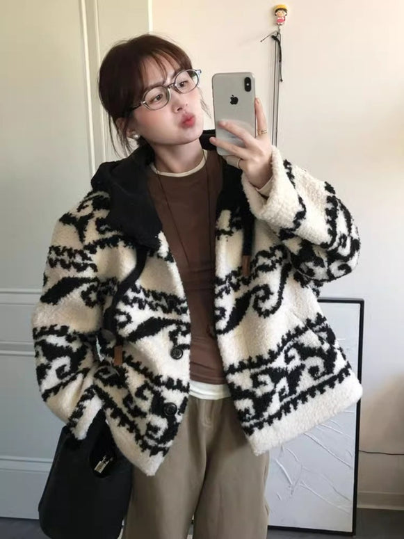 モード感 フード付き ジャカード柄 ボアジャケット レディース 暖かい アウター ポリエステル ID2260