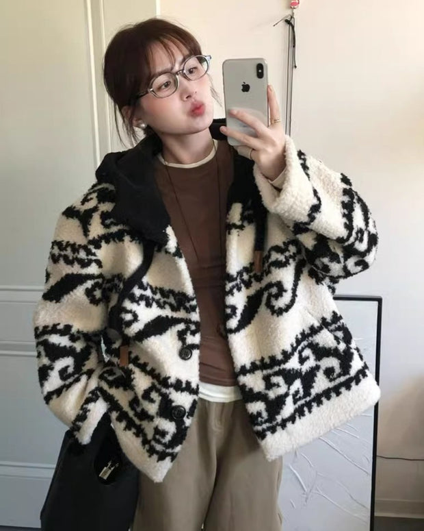 モード感 フード付き ジャカード柄 ボアジャケット レディース 暖かい アウター ポリエステル ID2260