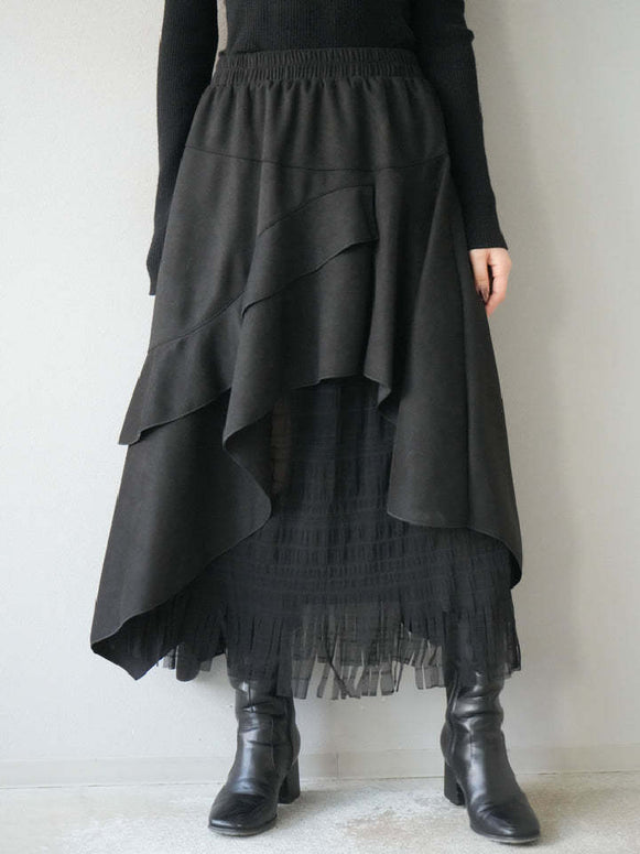フリンジ Aライン ミモレ丈 スカート レディース レイヤード風 ウエストゴム 体型カバー 秋冬 ID2256