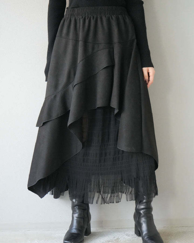 フリンジ Aライン ミモレ丈 スカート レディース レイヤード風 ウエストゴム 体型カバー 秋冬 ID2256
