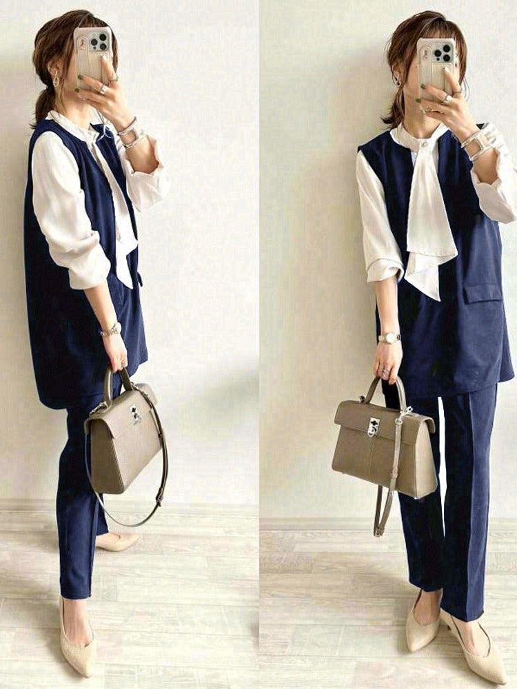 「72H限定！半額以下！」3色展開 パンツセット 2点SET 入学式 入園式 卒業式 卒園式 七五三 結婚式 コンサバ 無地 トップス＋ハイウエストパンツ ID210