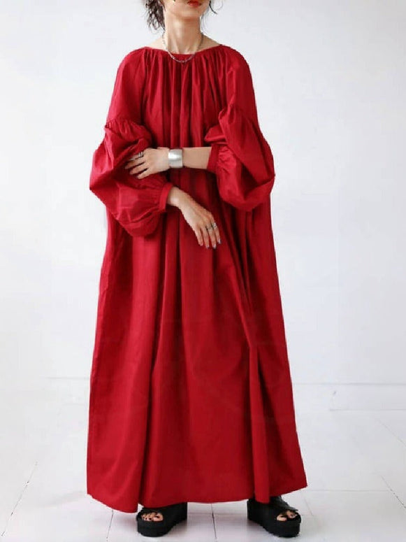 ふんわりシルエット 前後2WAY ロングワンピース レディース 無地 バルーンスリーブ 長袖 ゆったり 体型カバー 3色展開 ID1227