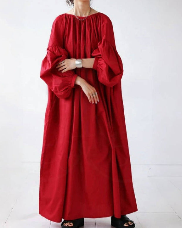 ふんわりシルエット 前後2WAY ロングワンピース レディース 無地 バルーンスリーブ 長袖 ゆったり 体型カバー 3色展開 ID1227