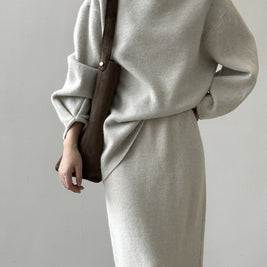 「限定価格は今だけ！」2点セット クルーネック ニット + ミモレ丈 スカート レディース セットアップ シンプル 上品 通勤 体型カバー 秋冬 新作 ID2088