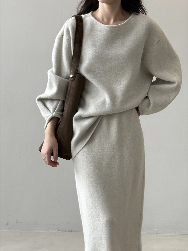 「限定価格は今だけ！」2点セット クルーネック ニット + ミモレ丈 スカート レディース セットアップ シンプル 上品 通勤 体型カバー 秋冬 新作 ID2088