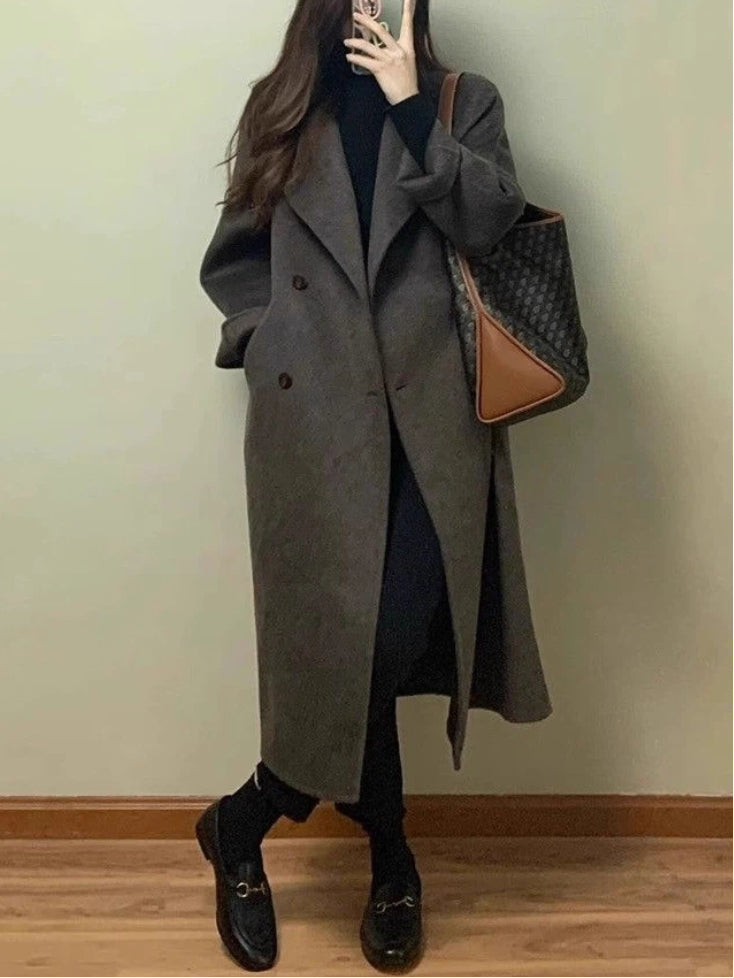 「年末前の大感謝祭」ロング丈 ウールコート レディース ダブルボタン ゆったり シンプル 通勤 大人 上品 きれいめ 暖かい 秋冬 新作 ID2159